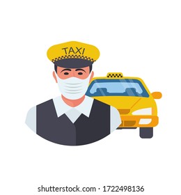 Taxista con máscara médica. Diseño plano de ilustración de vector. Aislado sobre fondo blanco. Hombre con una máscara protectora. Coche amarillo en el fondo. Coronavirus Prevention covid-19