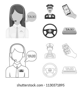 A taxi driver with a microphone, a taxi driver at the wheel, a cell phone with a number, a car steering wheel. Taxi set collection icons in outline,monochrome style vector symbol stock illustration