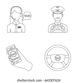 A taxi driver with a microphone, a taxi driver at the wheel, a cell phone with a number, a car steering wheel. Taxi set collection icons in outline style vector symbol stock illustration web.