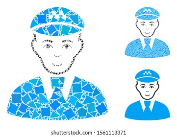 Taxi driver mosaic of humpy items in different sizes and color tinges, based on taxi driver icon. Vector tuberous items are combined into collage. Taxi driver icons collage with dotted pattern.