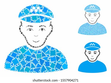 Taxi driver mosaic of trembly elements in variable sizes and color tones, based on taxi driver icon. Vector joggly elements are combined into collage. Taxi driver icons collage with dotted pattern.
