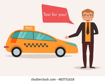 Taxi driver.   is near the car.  Man stands near the car. Vector illustration. Cartoon character. Isolated.