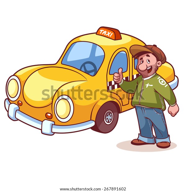 Taxi driver near the\
machine with a finger up. Vector clip-art illustration on  white\
background.
