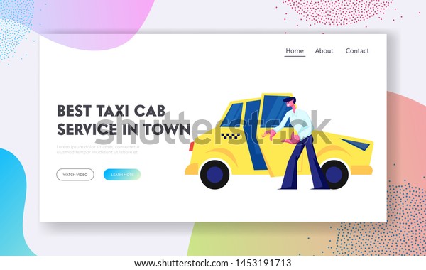 Taxi Driver Open Car Door Inviting Passenger to\
Sit. Cabbie Character Occupation, Job, Yellow Cab in City, Service,\
Destination Website Landing Page, Web Page. Cartoon Flat Vector\
Illustration, Banner