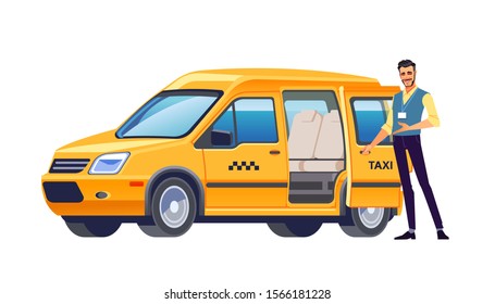 Taxi driver opens the door of his car and invites passengers. Yellow car taxi. Taxi service offer. Welcome hand gesture. Business vector illustration, flat design, cartoon style. Isolated background.