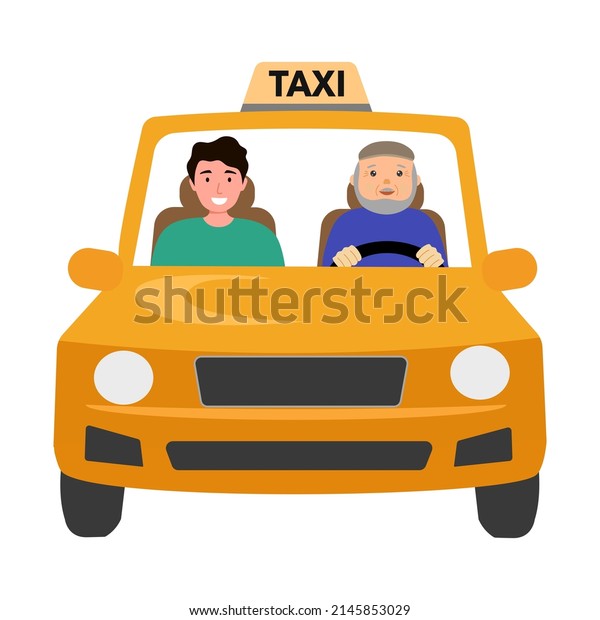Taxi driver with passenger in flat design on\
white background.