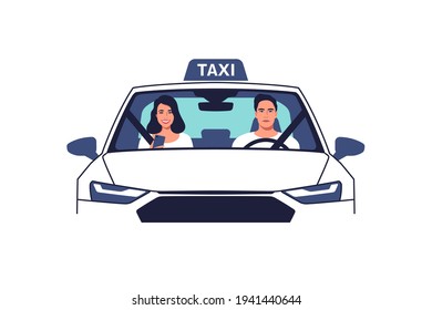 Taxi Driver And A Passenger On A Front Seat. A Front View Of A Taxi Cab. Vector Illustration.