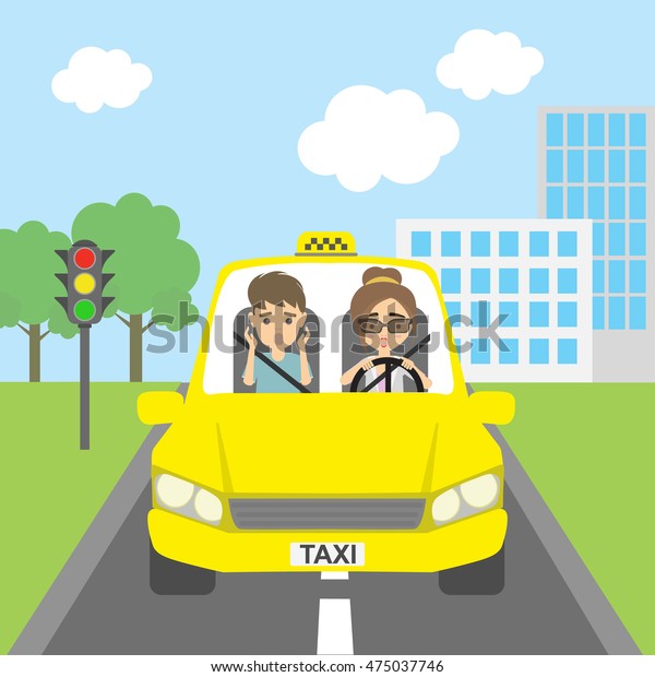 Taxi driver with passenger. Riding on the city\
street. Yellow car for urban service. Scared male driver and female\
passenger.