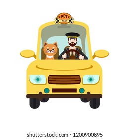 Taxi driver and pet on front seat. Vector illustration in flat style  on white background. Pet travel concept.