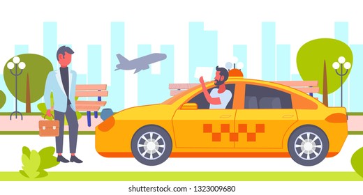 taxi driver with placard meeting businessman client in airport. yellow car cab business company service concept cityscape background horizontal