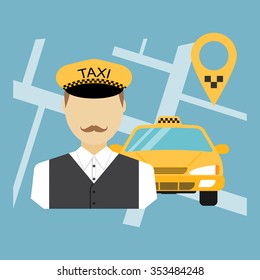 Taxi driver, service, cab. Flat design, vector illustration