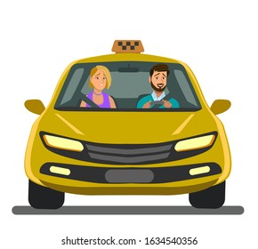 Taxi driver. Taxi service. Friendly taxi driver with passengers. Vector illustration.