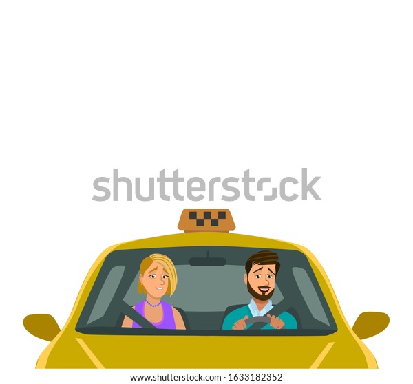 Taxi driver. Taxi service. Friendly taxi\
driver with passengers. Vector\
illustration.