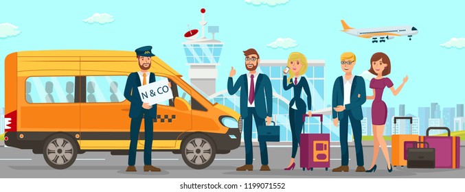 Taxi and Driver Services in Airport. Professional in driving Car. Cab Company Business. Car Driver Service and Passengers. Taxi Service Concept. Vector Flat Cartoon Illustration.