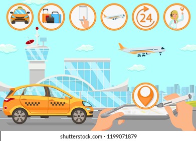 Taxi and Driver Services in Airport. Professional in driving Car. Cab company Business. Car Driver Service. Taxi Service Concept. Online App Taxi. Vector Flat Cartoon Illustration.