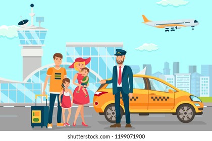 Taxi and Driver Services in Airport. Professional in driving Car. Cab Company Business. Car Driver Service and Passengers. Taxi Service Concept. Vector Flat Cartoon Illustration.