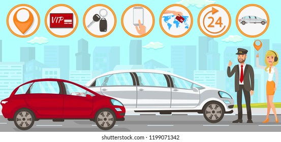 Taxi and Driver Services in City. Professional in driving. Cab company Business. Car Driver Service and Digital Technologies. Taxi Service Concept. Online App Taxi. Vector Flat Cartoon Illustration.