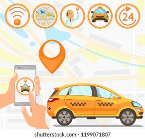 Taxi and Driver Services in City. Professional in driving. Cab company Business. Car Driver Service and Digital Technologies. Taxi Service Concept. Online App Taxi. Vector Flat Cartoon Illustration.