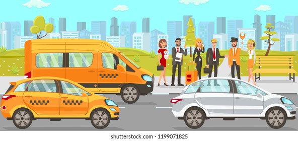 Taxi and Driver Services in City. Professional in driving Car. Cab company Business. Car Driver Service and cityscape. Taxi Service Concept. Vector Flat Cartoon Illustration.