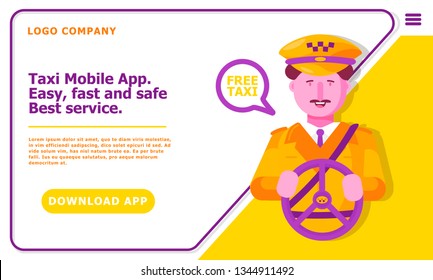 Taxi and Driver Services in City. Professional in driving. Cab company Business. Car Driver Service and Digital Technologies. Taxi Service Concept. Online App Taxi. Vector Flat Cartoon Illustration.