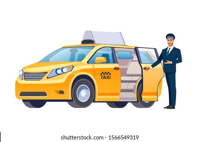 Taxi and Driver Services in City. Professional in driving Car. Cab company Business. Car Driver Service and cityscape. Perspective view. Taxi Service Concept. Vector Flat Cartoon Illustration. 