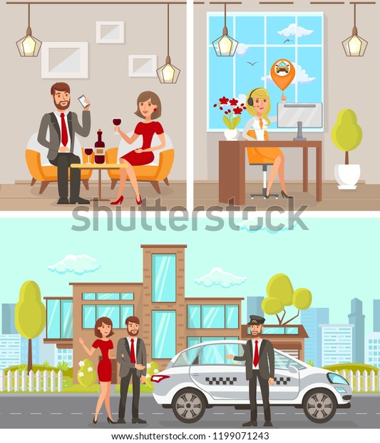 Taxi and Driver\
Services in City. Professional in driving Car. Cab company\
Business. Taxi Service Concept. Taxi Order in Restaurant Set.\
Vector Flat Cartoon\
Illustration.