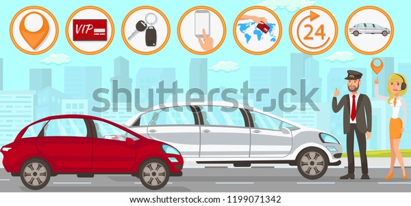 Taxi and Driver Services in City.\
Professional in driving. Cab company Business. Car Driver Service\
and Digital Technologies. Taxi Service Concept. Online App Taxi.\
Vector Flat Cartoon\
Illustration.