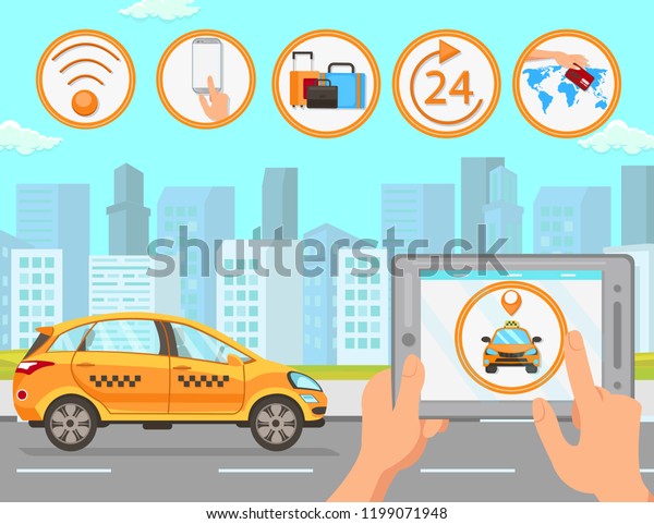 Taxi and Driver Services in City.\
Professional in driving Car. Cab company Business. Car Driver\
Service and cityscape. Taxi Service Concept. Online App Taxi.\
Vector Flat Cartoon\
Illustration.