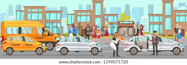 Taxi and\
Driver Services at Wedding. Professional in driving Car. Cab\
company Business. Car Driver Service and cityscape. Taxi Service\
Concept. Vector Flat Cartoon\
Illustration.