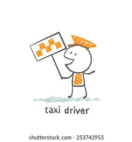 taxi driver with a sign in his hands, illustrator