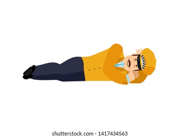 Taxi driver sleeping. Cabdriver asleep emotions. Cabbie dormant. Vector illustration