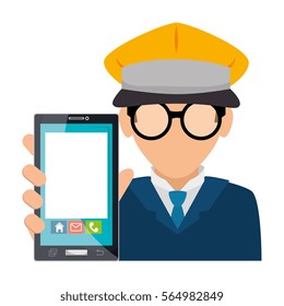 taxi driver with smartphone device isolated icon