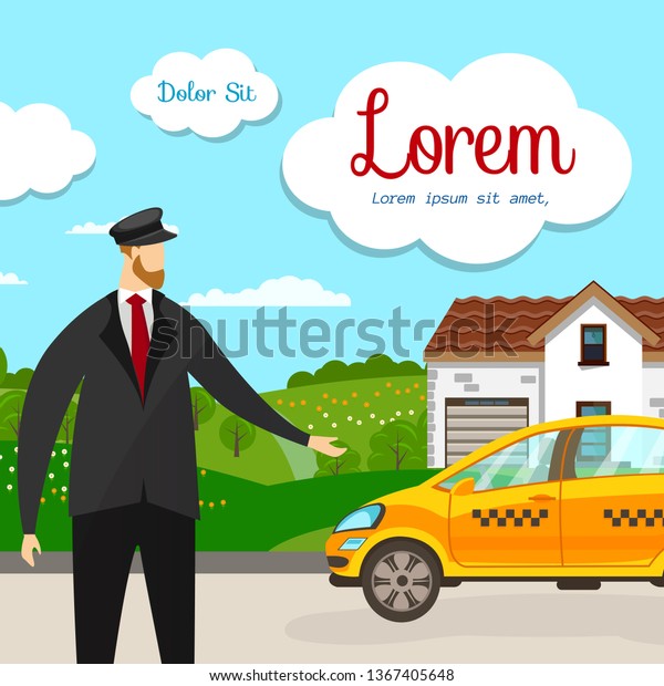 Taxi Driver Stand at Yellow Car in Front of House\
Building in Countryside. Transport, Transportation, Transfer\
Advertising Template for Social Media. Cartoon Flat Vector\
Illustration. Square\
Banner