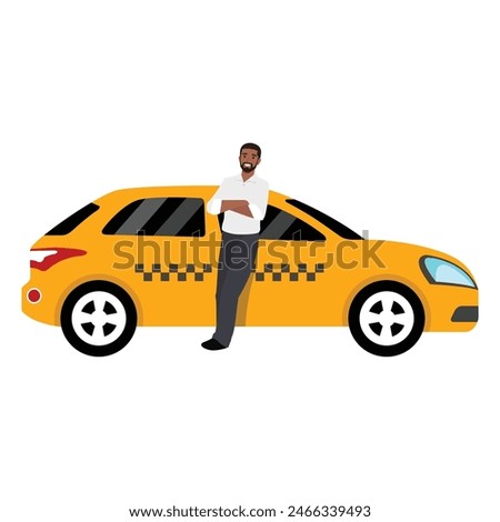 Taxi driver standing next to his car. Flat vector illustration isolated on white background