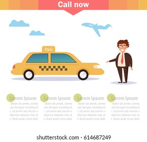 Taxi driver stands near taxi. Vector. Booklet. Plane. Cartoon. Isolated. Flat. Illustration. White background.