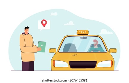 Taxi driver stopping by client holding tablet. Passenger using app to order cab flat vector illustration. Taxi service, transportation, technology concept for banner, website design or landing page