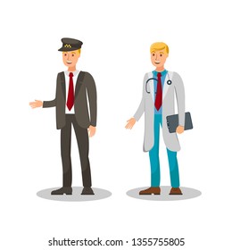 Taxi Driver, Therapist Flat Vector Illustration. Chauffeur, Hospital Worker. Doctor, Physician. Man Working on Two Jobs Isolated Cartoon Characters Set. Career, Occupation, Profession Design Element