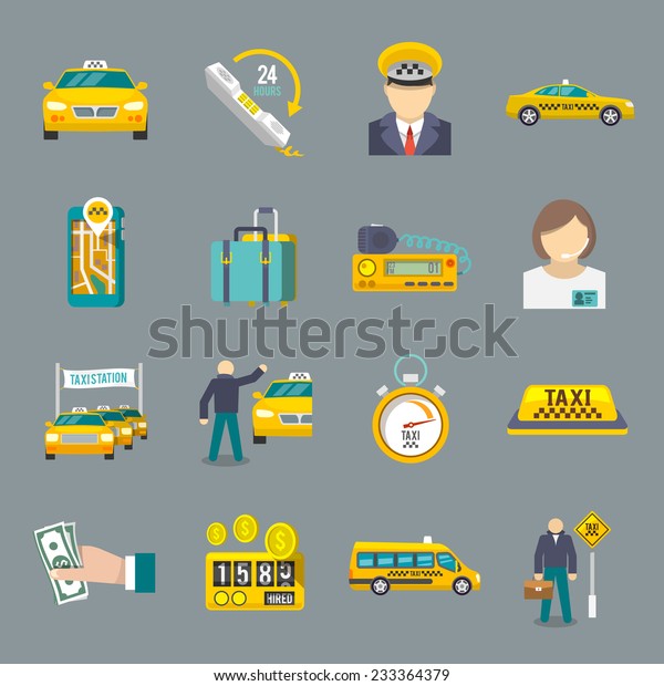 Taxi driver transportation service icons\
flat set isolated vector\
illustration.