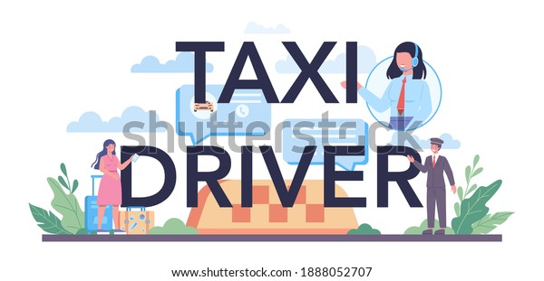 Taxi driver typographic header. Yellow taxi\
car. Automobile cab with driver inside. Idea of public city\
transportation. Isolated flat\
illustration