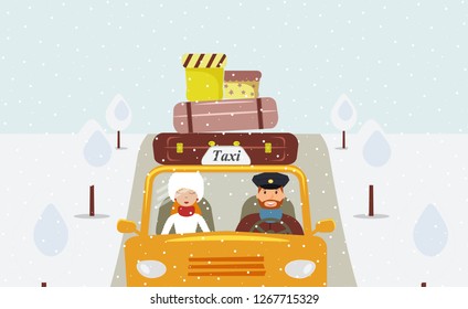 A taxi driver in a uniform cap driving a yellow taxi and a beautiful young woman passenger in a white fur hat and fur coat.Close-up front view.Snow falls.Snow-covered trees.Vector flat illustration