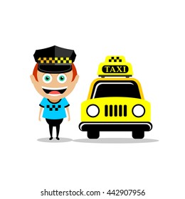 Taxi driver and the taxi. Vector illustration, icon taxi.