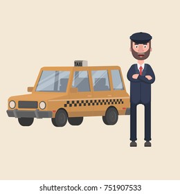 A taxi driver is waiting outside his car. Vector illustration in cartoon style