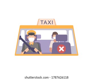 Taxi Driver Wear A Face Mask And Drive His Cab And Practicing Safety Health Protocols By Emptying Front Seat Social Distancing From Passenger Vector Illustration