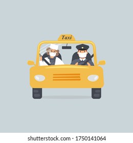Taxi driver and woman doctor in protective medical masks sitting in front seat in cab seen through windshield.Lady physician using taxicab services during virus epidemic. Colourful vector illustration