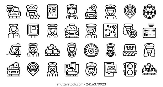 Taxi driver woman icons set outline vector. Car city phone. Mobile cab girl