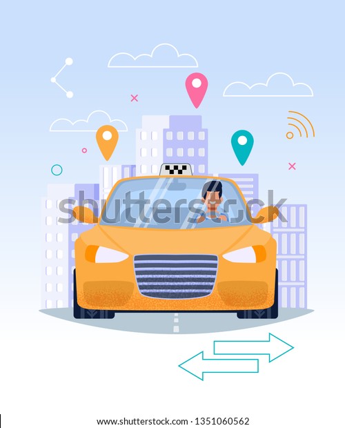 Taxi Driver in Yellow Cab. Flat\
Illustration. Car Commercial Chauffeur Profession. Sedan Automobile\
on Street Road at Urban Cityscape. Transportation Business in Town.\
Customer Building\
Geolocation.