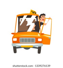 Taxi Driver in Yellow Car, Taxi Service Cartoon Vector Illustration