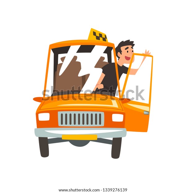 Taxi Driver in Yellow Car, Taxi Service\
Cartoon Vector\
Illustration