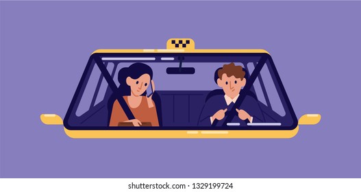 Taxi driver and young woman sitting in front seat and talking on mobile phone in cab seen through windshield. Girl with smartphone using automobile service. Flat cartoon colorful vector illustration.