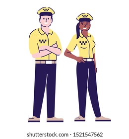 Taxi drivers couple flat vector characters. Taxi, passengers transportation service workers cartoon illustration with outline. Woman and man chauffeurs, cab drivers in yellow uniform isolated on white